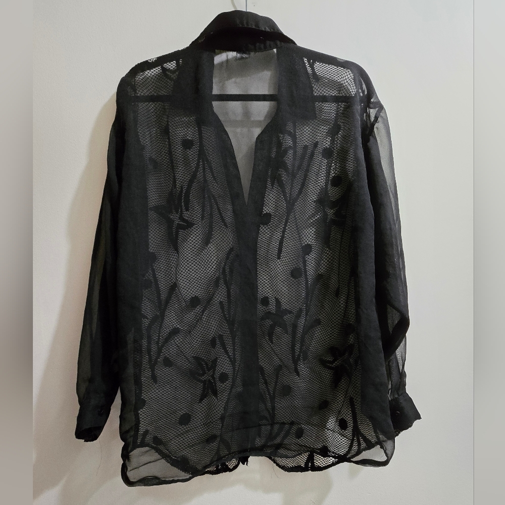 Effeci Black  Floral Mesh Button Up Blouse Size M